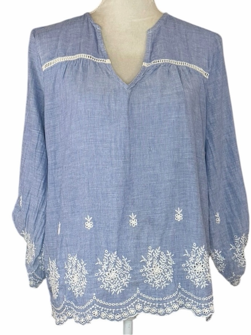 LoveStitch Large Blue White Embroidered Eyelet Boho Peasant Tunic Blouse